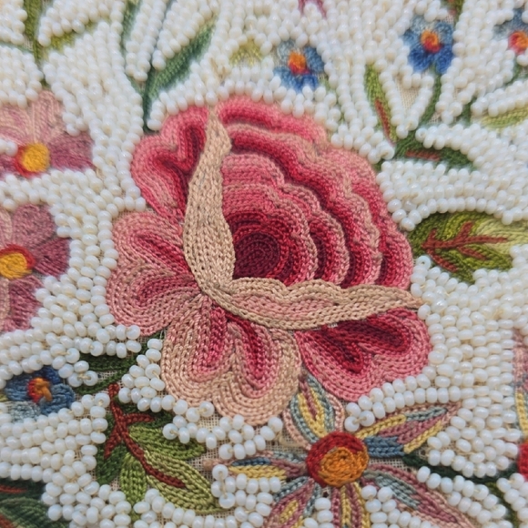 Vintage Ivory Beaded Handbag Embroidered Rose Floral Envelope Clutch French - Picture 14 of 16